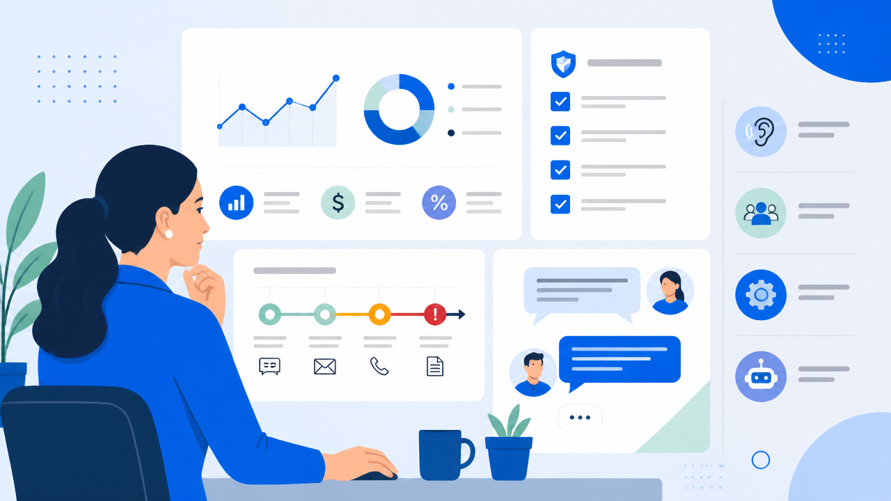 Painel ilustrado com competências de negociação, dados e compliance em cobrança digital