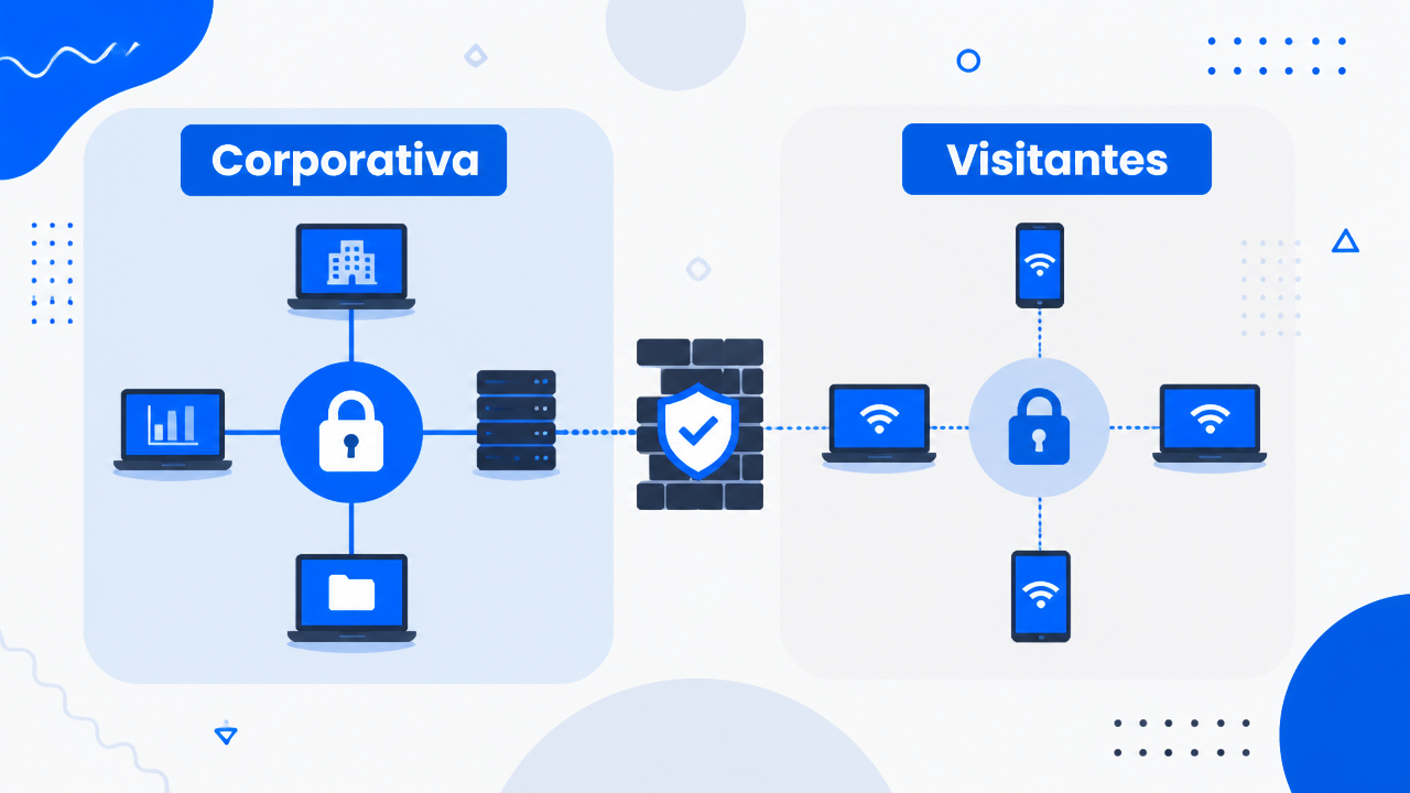 Painel ilustrado mostrando separação entre rede corporativa e rede para visitantes
