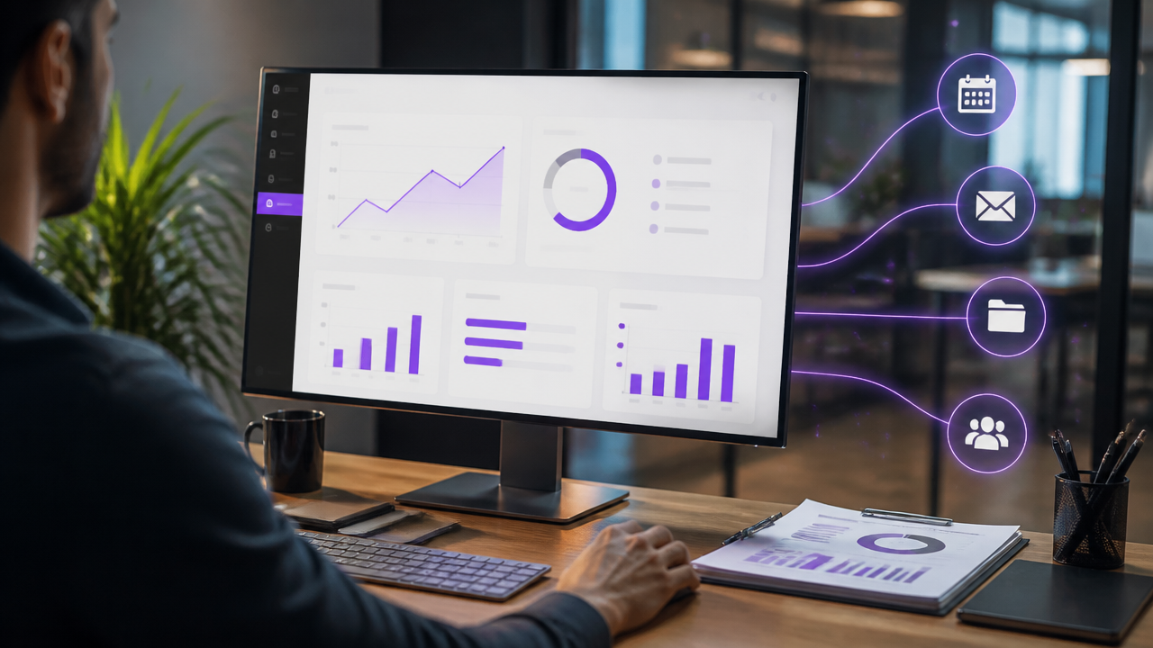 Painel operacional com métricas, documentos e automações integradas em um fluxo de trabalho inteligente