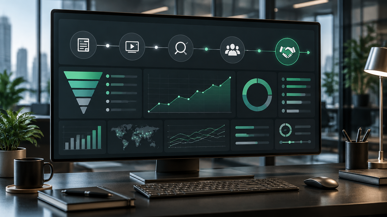 Painel visual de CRM relacionando interações de marketing, oportunidades e métricas de aquisição