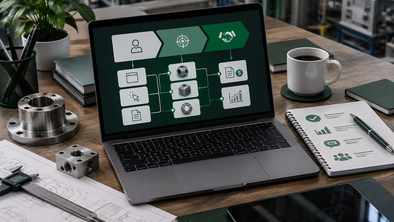 Painel visual de funil industrial conectando sinais de navegação, CRM e acompanhamento de oportunidades comerciais
