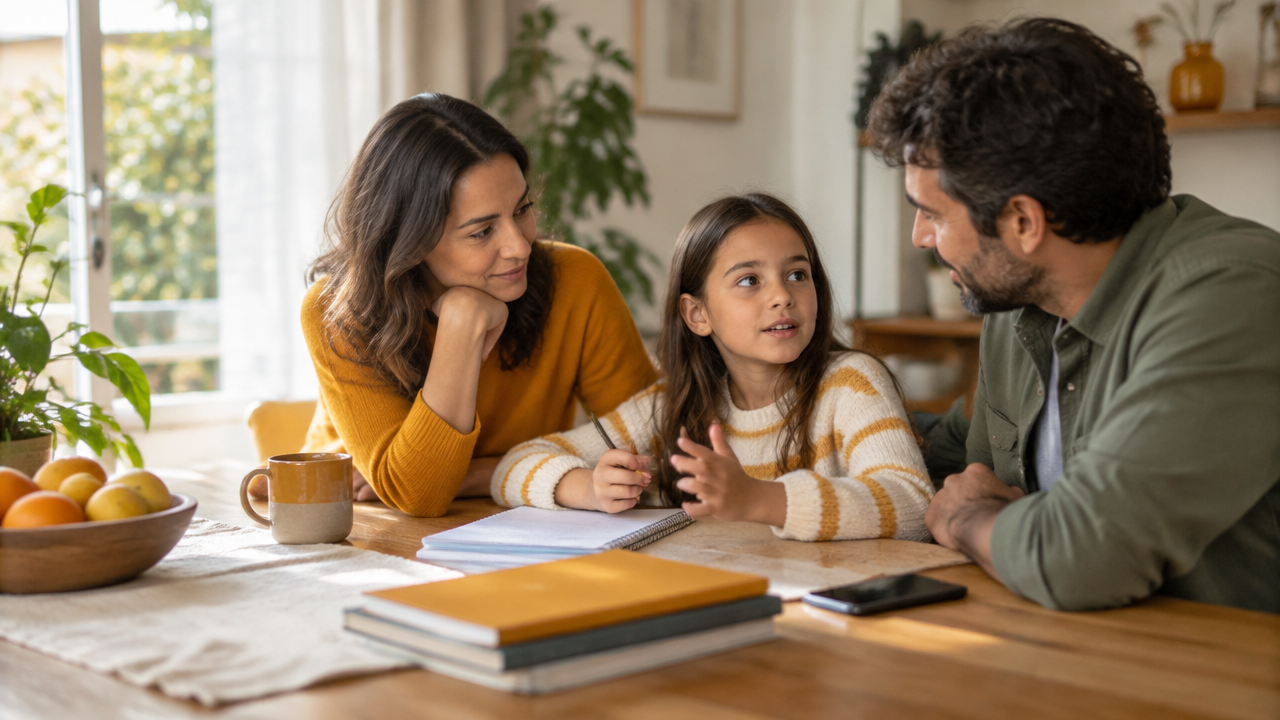 Pais conversam com uma criança à mesa, com um celular virado para baixo, representando decisões familiares conscientes