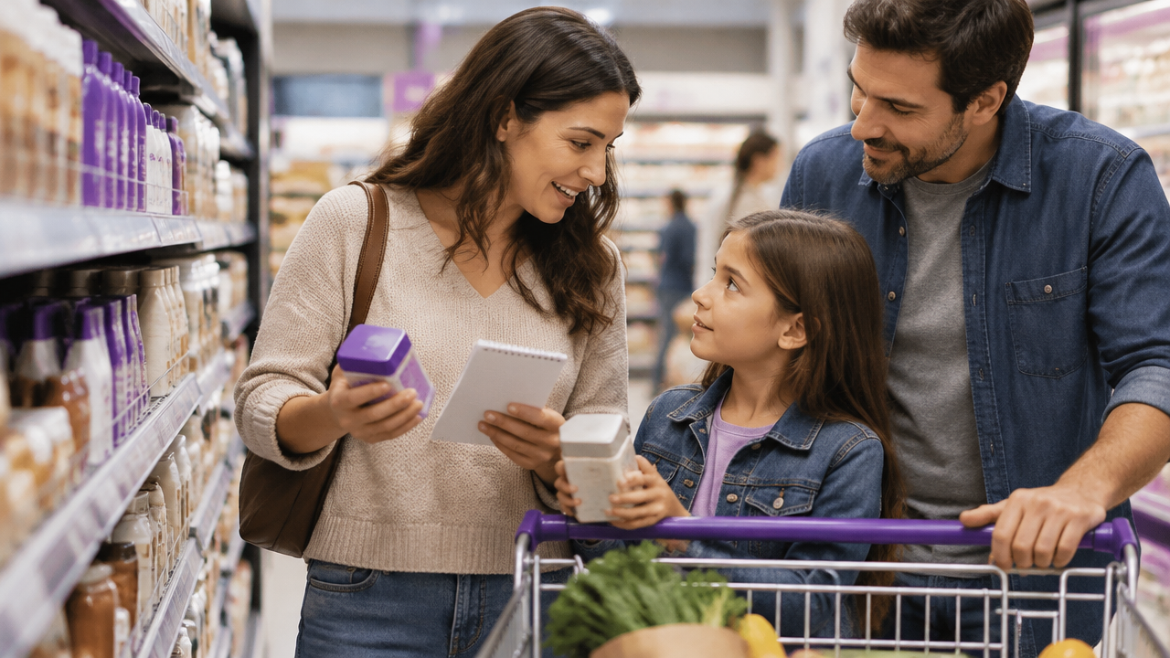 Pais e criança comparam produtos no supermercado usando uma lista de compras