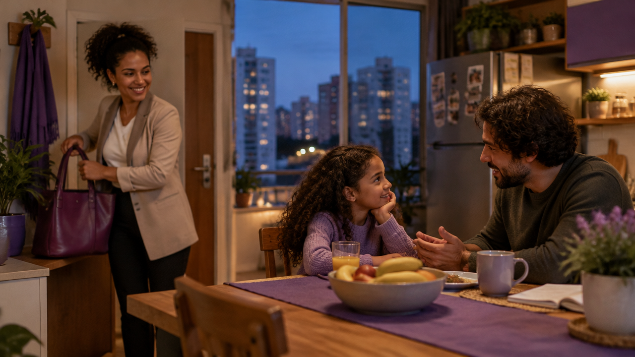 Pais e criança conversam à mesa de um apartamento depois da rotina urbana