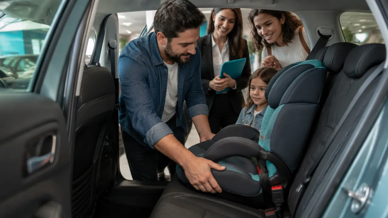 Pais testam o espaço traseiro e a instalação de uma cadeirinha em um carro familiar