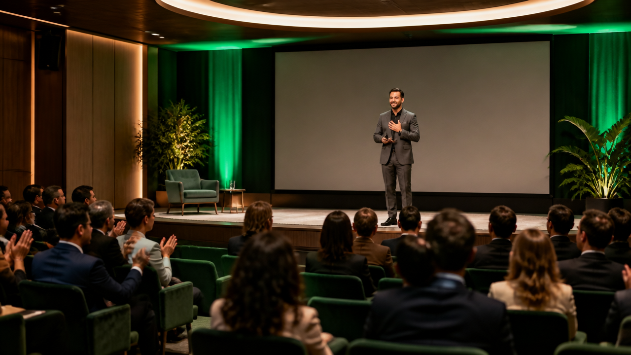 Palestra ao vivo em encontro de mentoria com plateia executiva e clima de reconhecimento.
