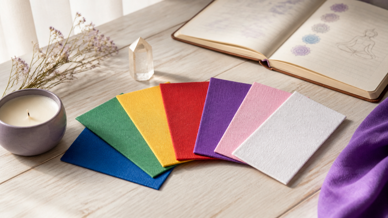 Paleta de cores organizada com objetos de bem estar, ilustrando os significados das cores em práticas energéticas.