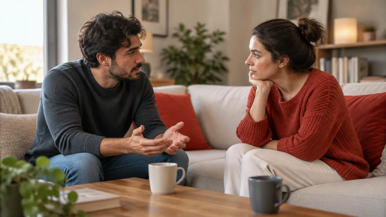 Pareja adulta conversa con calma tras un momento de tensión, mostrando escucha y regulación emocional.