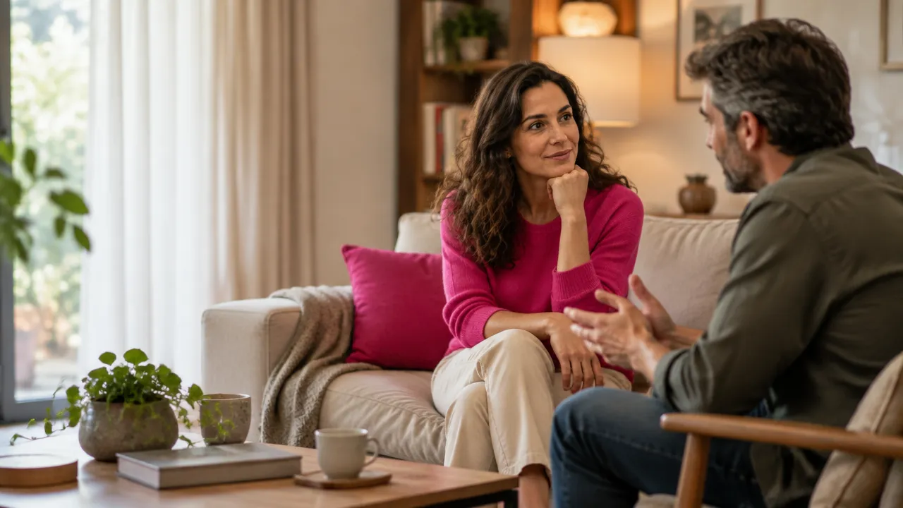 Pareja adulta conversando con calma y escuchándose en un espacio acogedor