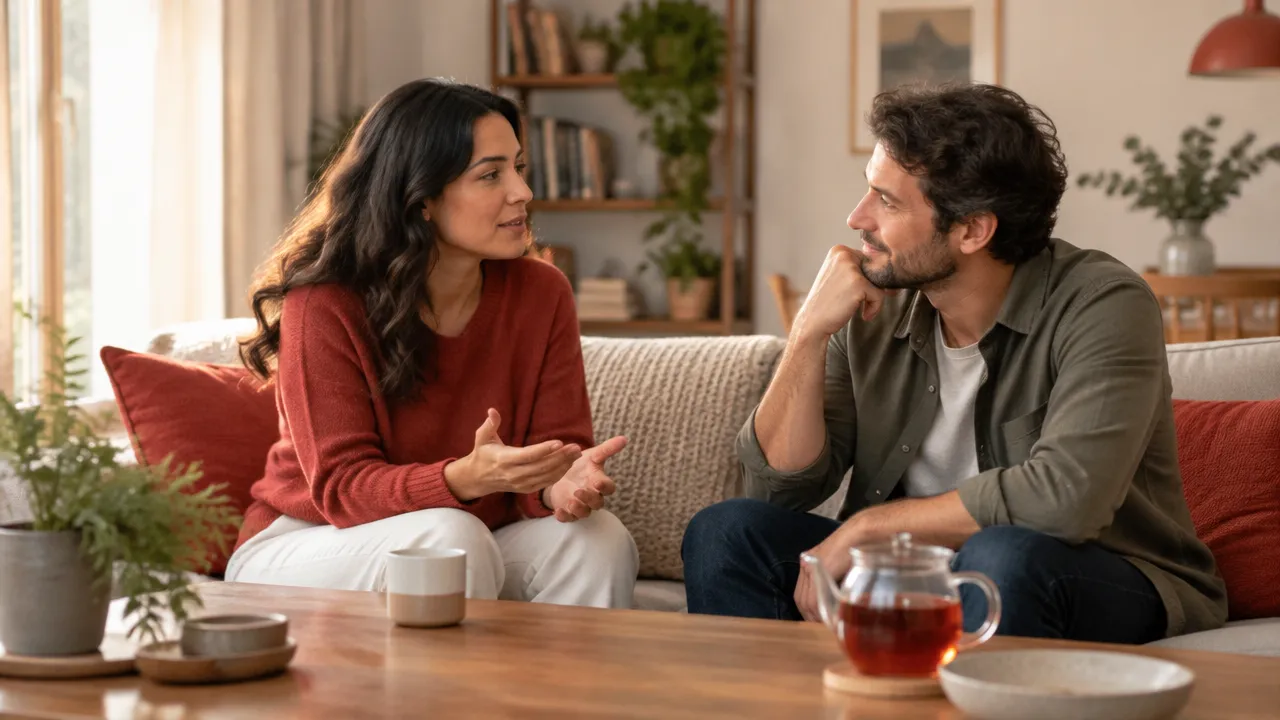 Pareja adulta practica una conversación pausada y escucha mutua para responder con más seguridad emocional.