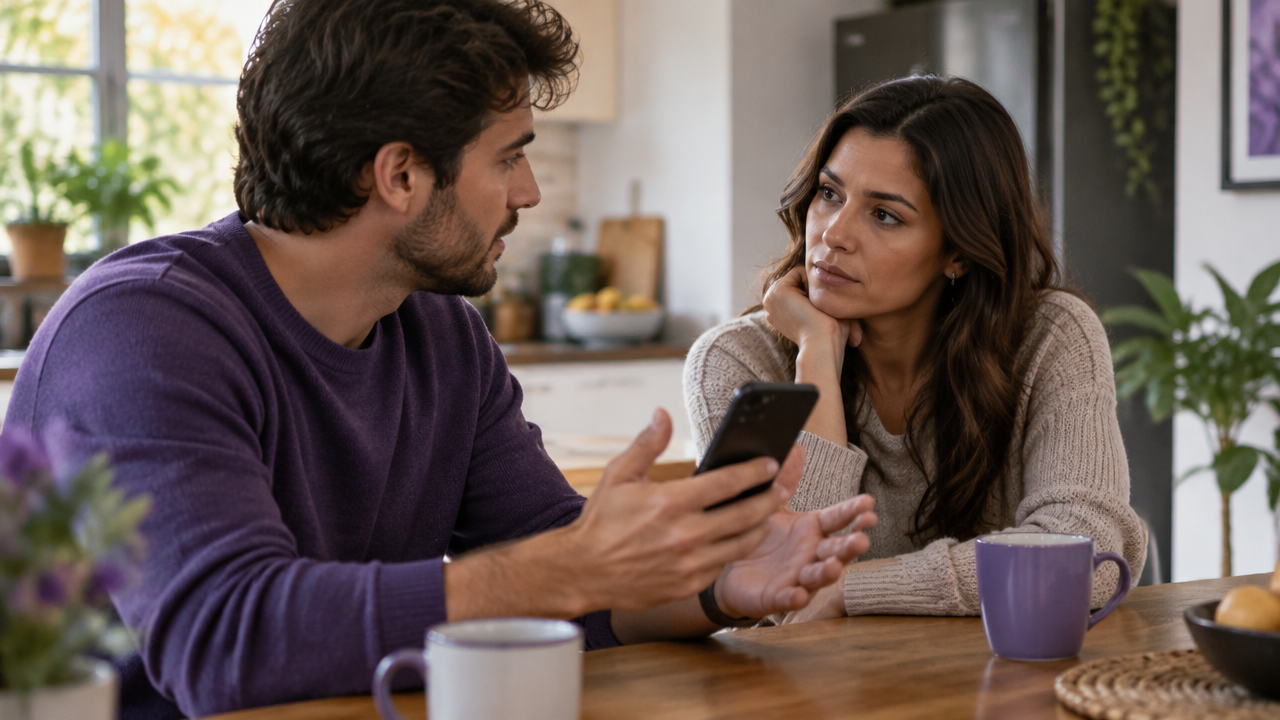 Pareja conversando con calma sobre privacidad y límites al usar el teléfono