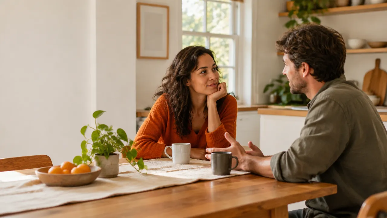 Pareja practica una conversación atenta, con pausas y sin distracciones, en una mesa de casa.