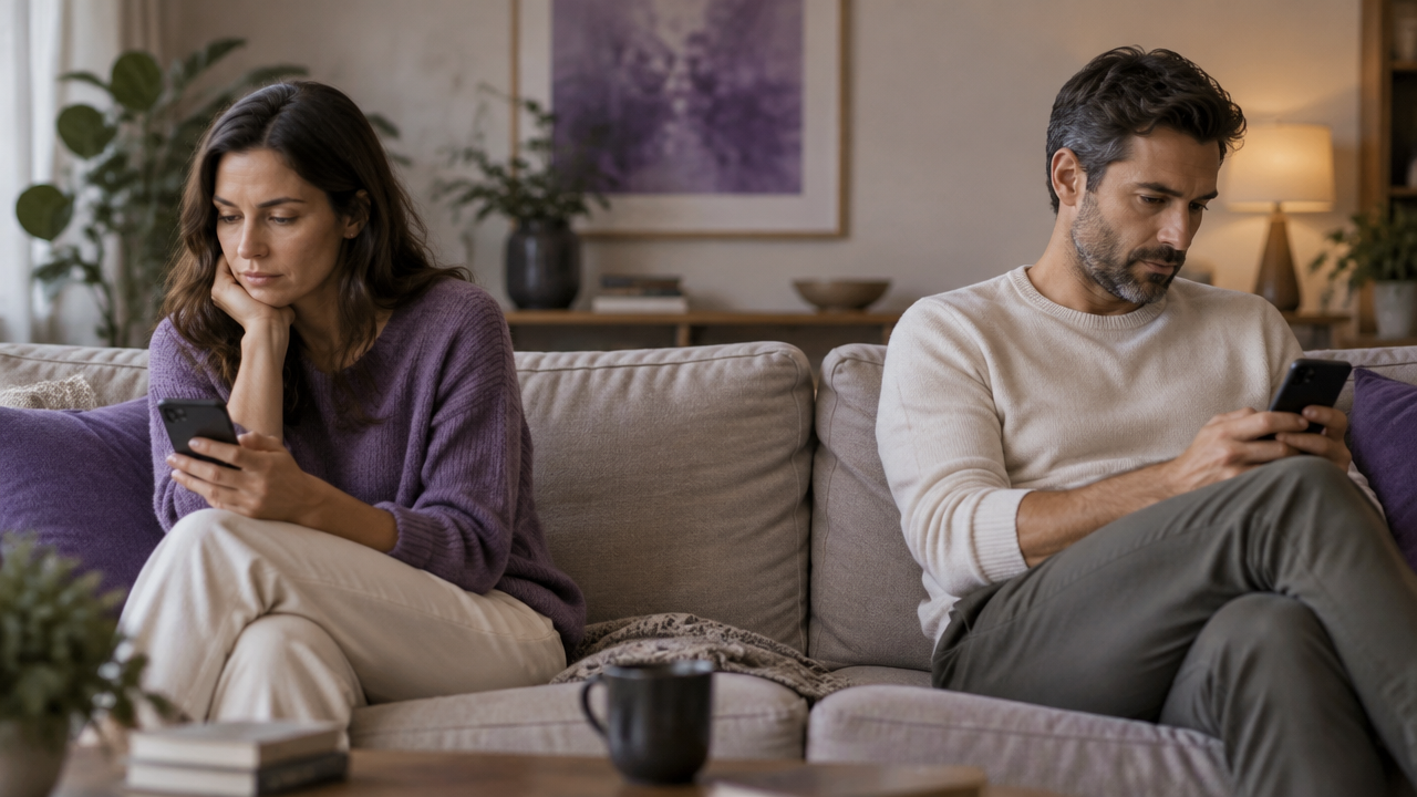 Pareja sentada en un sofá, distraída por sus teléfonos y mostrando distancia emocional