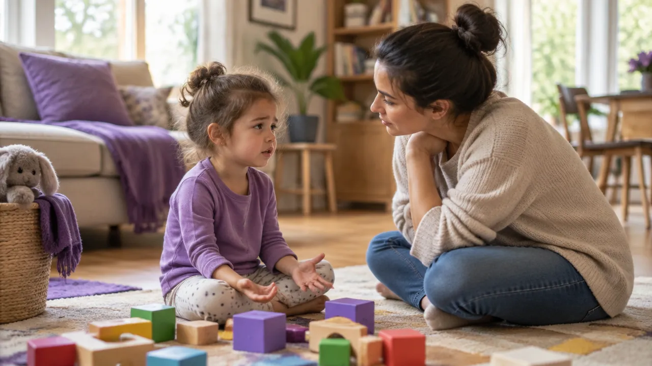 Parent calmly listening at a child's eye level after a frustrating moment with dropped blocks