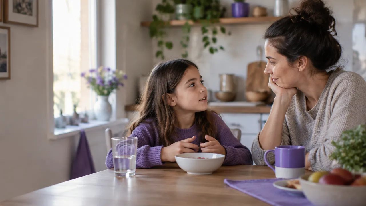 Parent listening attentively to a child at the kitchen table during a calm everyday moment