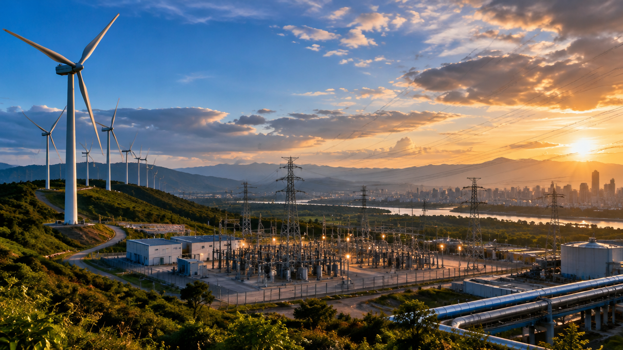 Parque eólico e linhas de transmissão representando os investimentos e as decisões regulatórias no setor energético