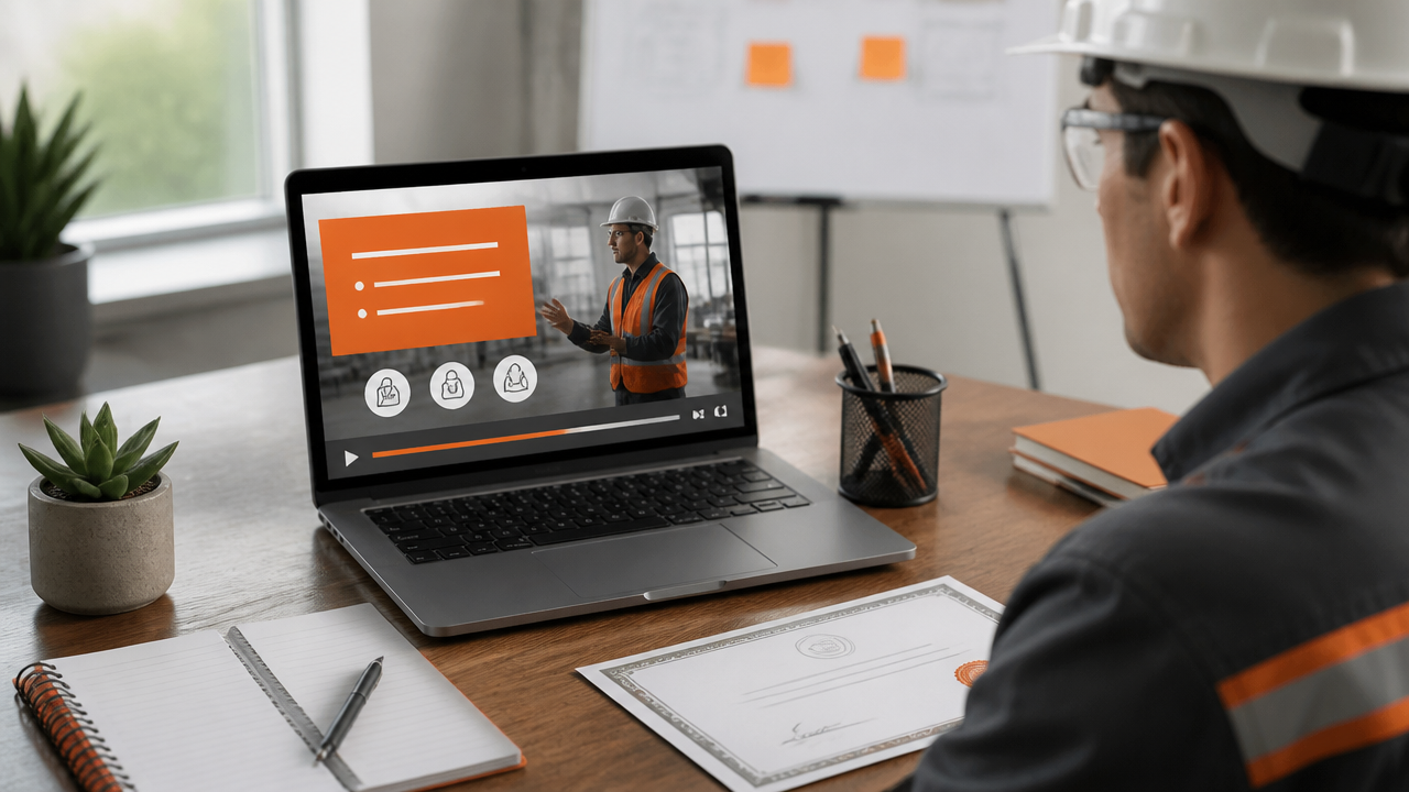 Participante acompanhando curso online de segurança do trabalho em notebook com materiais de estudo na mesa