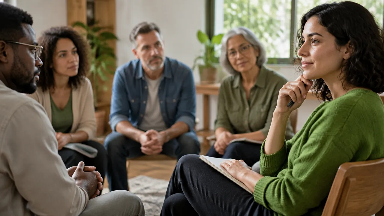 Participante faz uma pausa reflexiva antes de falar em uma reunião, ilustrando como reconhecer a influência do grupo.