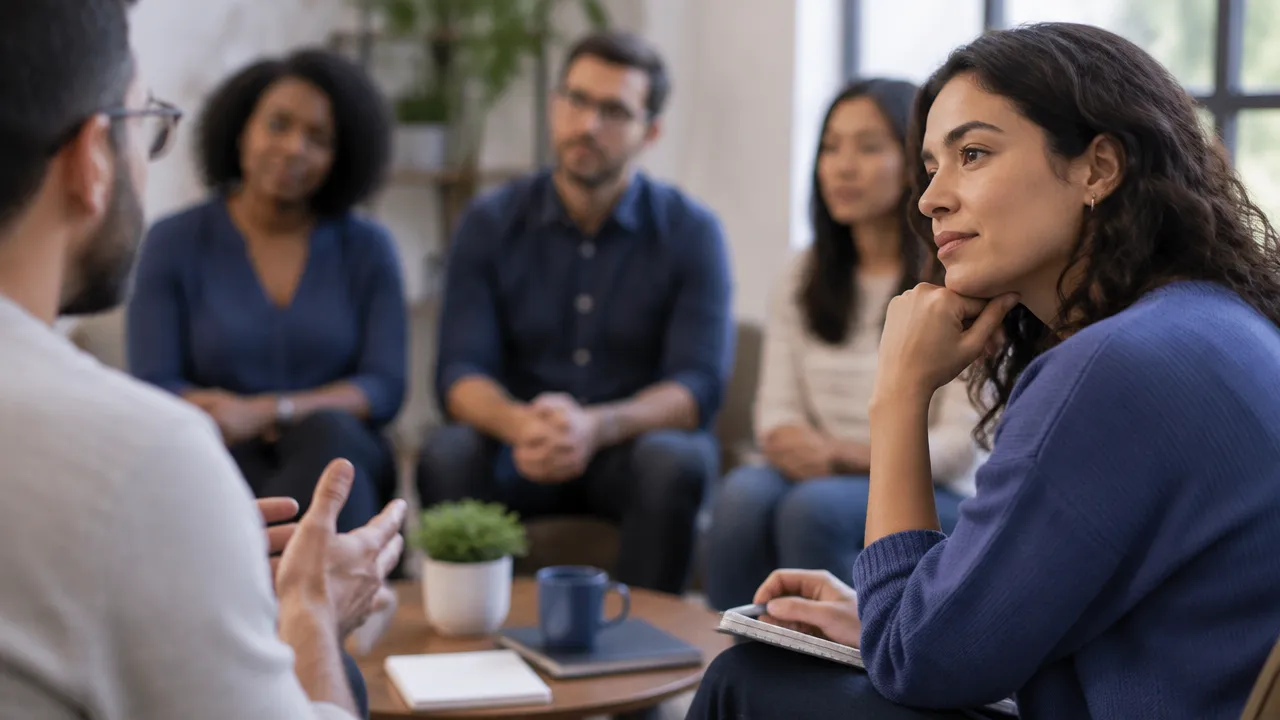 Participante ponderando sua opinião enquanto escuta a maioria em uma conversa de grupo