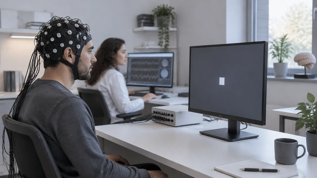 Participante realiza una tarea cognitiva mientras una investigadora registra actividad cerebral con electroencefalografía