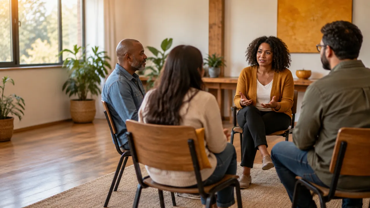 Participantes conversam em círculo durante uma prática comunitária de escuta e reparação