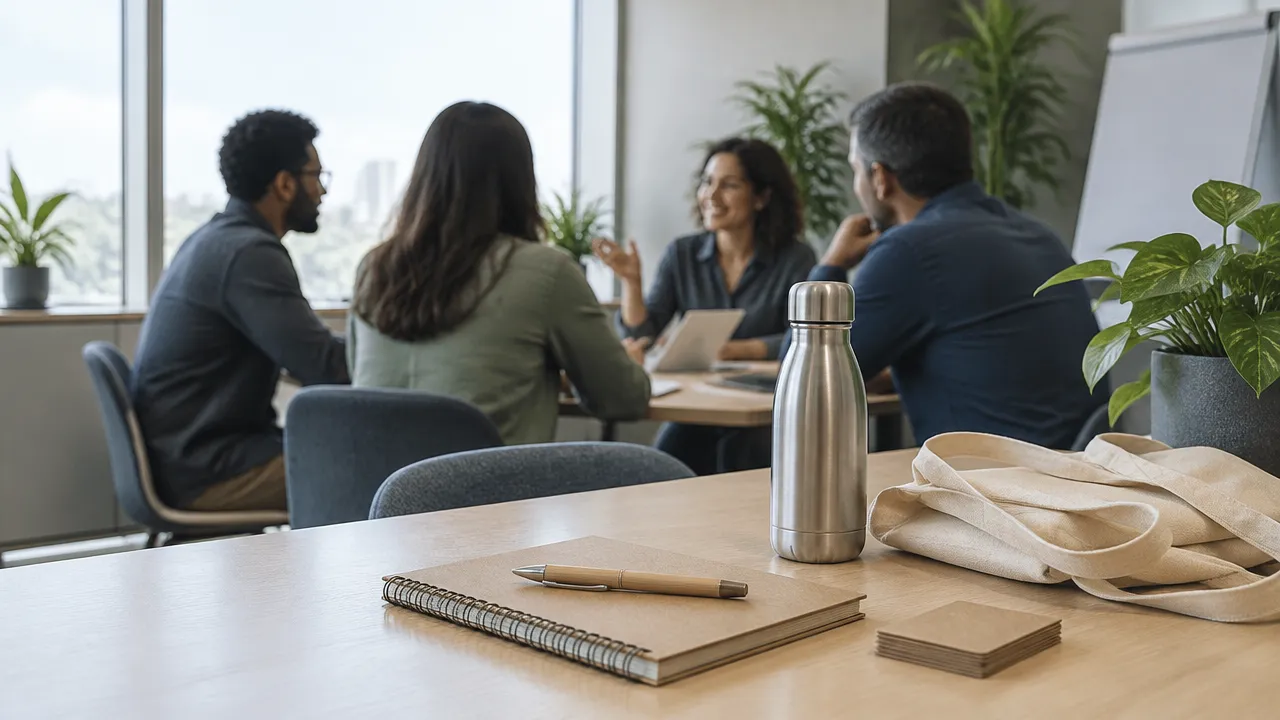 Participantes de treinamento corporativo com caderno reciclado, garrafa reutilizável e ecobag sobre a mesa