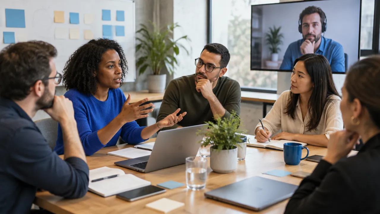 Participantes de uma equipe escutam e avaliam ideias durante uma reunião colaborativa