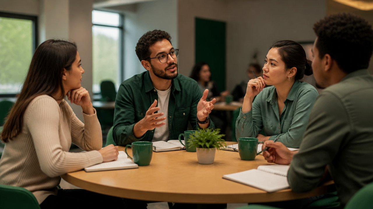 Participantes de uma mentoria em grupo discutindo ideias ao redor de uma mesa redonda.