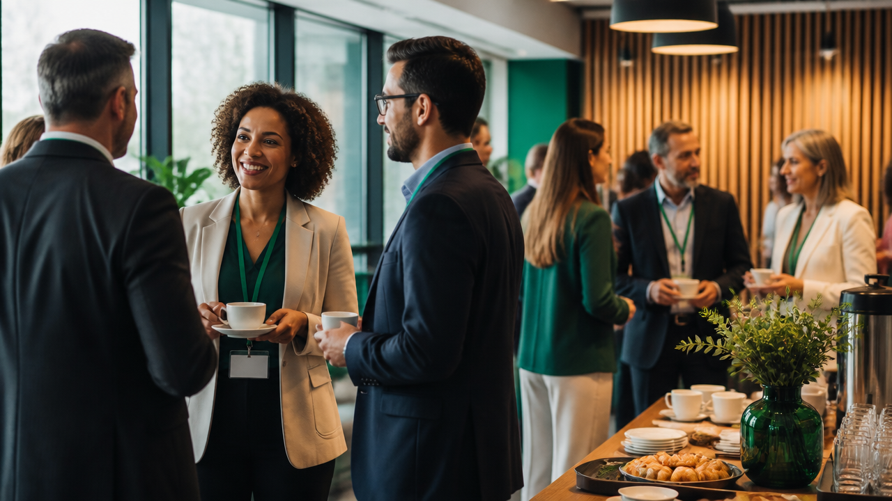 Participantes de uma mentoria presencial conversando e ampliando networking em ambiente executivo.