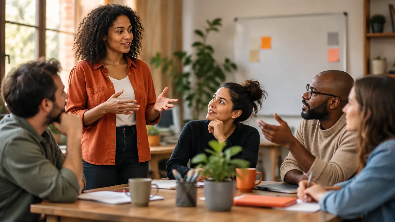 Participantes de uma oficina escutam uma ideia com atenção, mostrando como a convivência e as normas do grupo influenciam a aprendizagem.