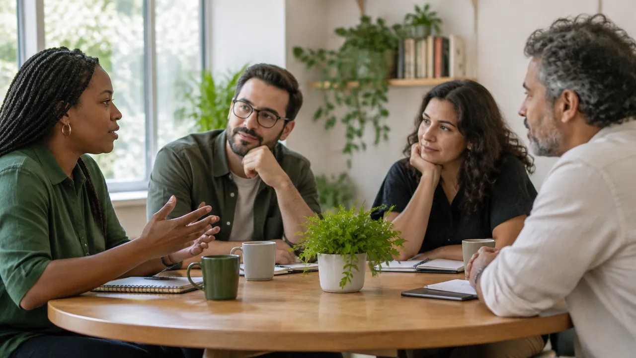 Participantes de uma reunião praticam escuta atenta e discordância respeitosa ao redor de uma mesa.