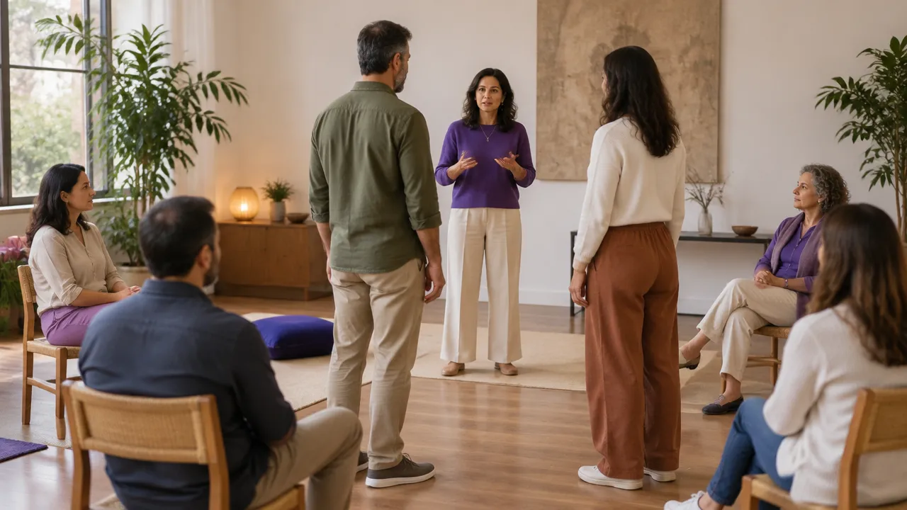 Participantes em uma sala organizam uma dinâmica simbólica para observar relações familiares