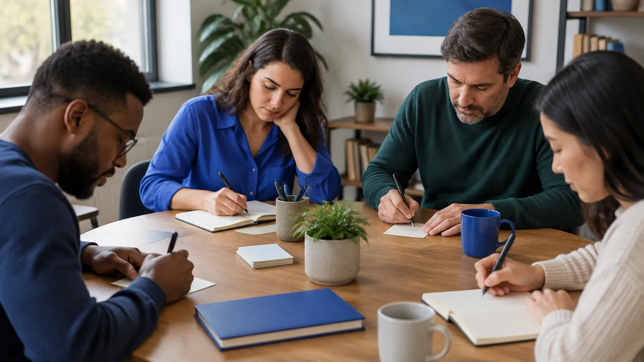 Participantes escriben en silencio sus propuestas antes de debatirlas en equipo