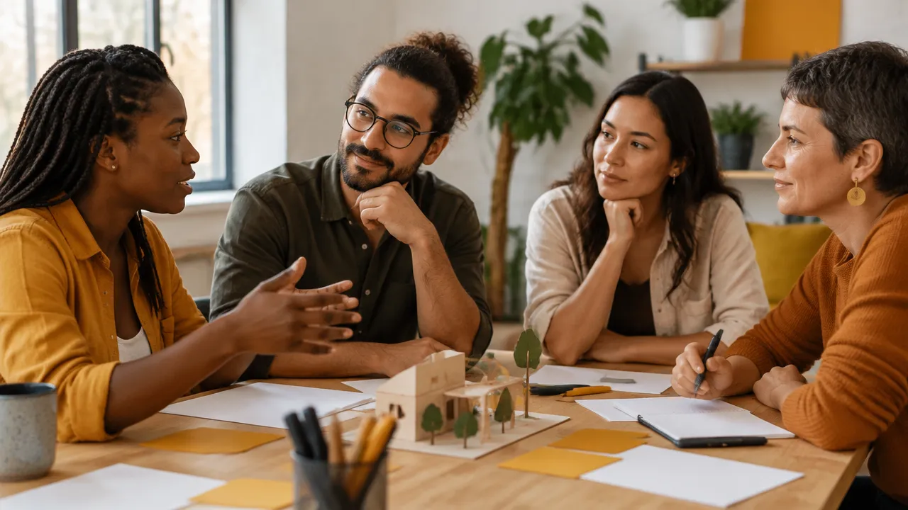 Participantes escutam uma experiência e testam juntos um protótipo simples sobre a mesa