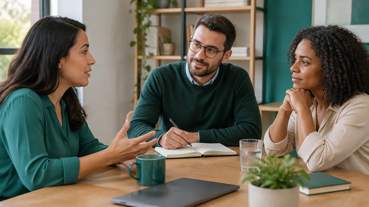 Participantes praticam escuta atenta durante uma conversa estruturada de mediação
