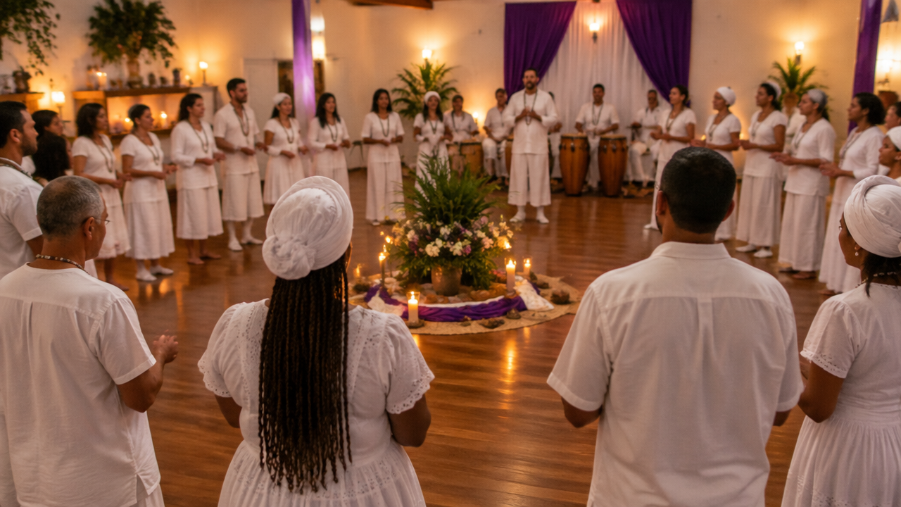 Participantes vestidos de branco reunidos em uma gira de Umbanda em ambiente sereno e respeitoso