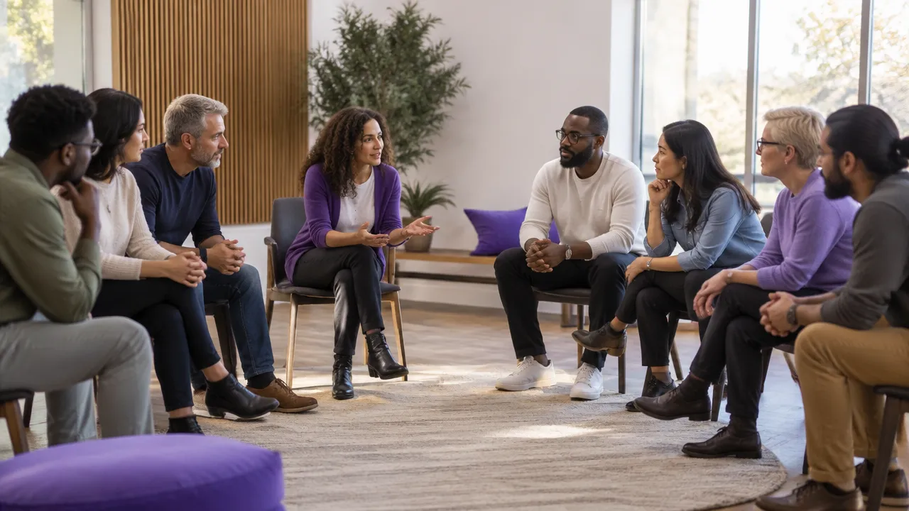 Participants from two small groups listen across a shared space, illustrating how group boundaries can soften through dialogue.