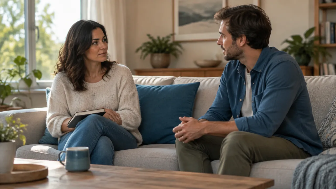 Partners pause after conflict and begin listening to each other in a quiet living room.
