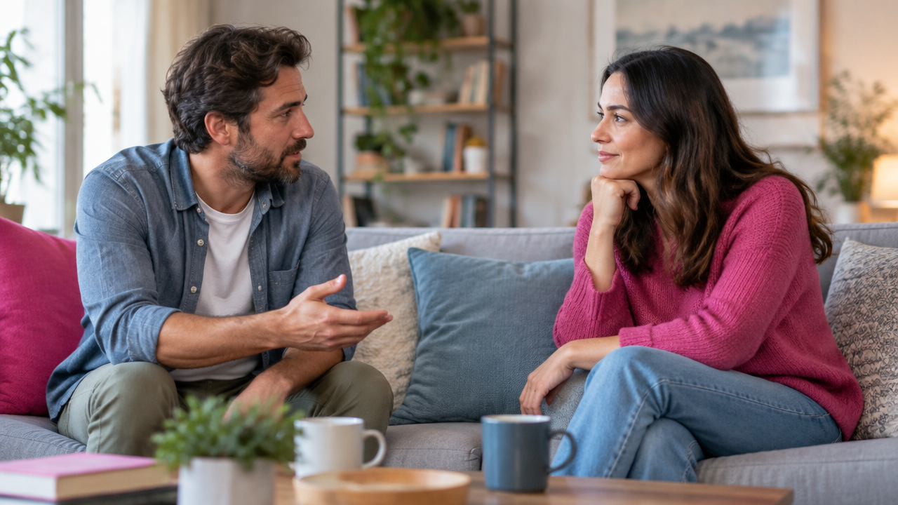 Partners turning toward each other and listening after a disagreement, illustrating a more secure relationship response.