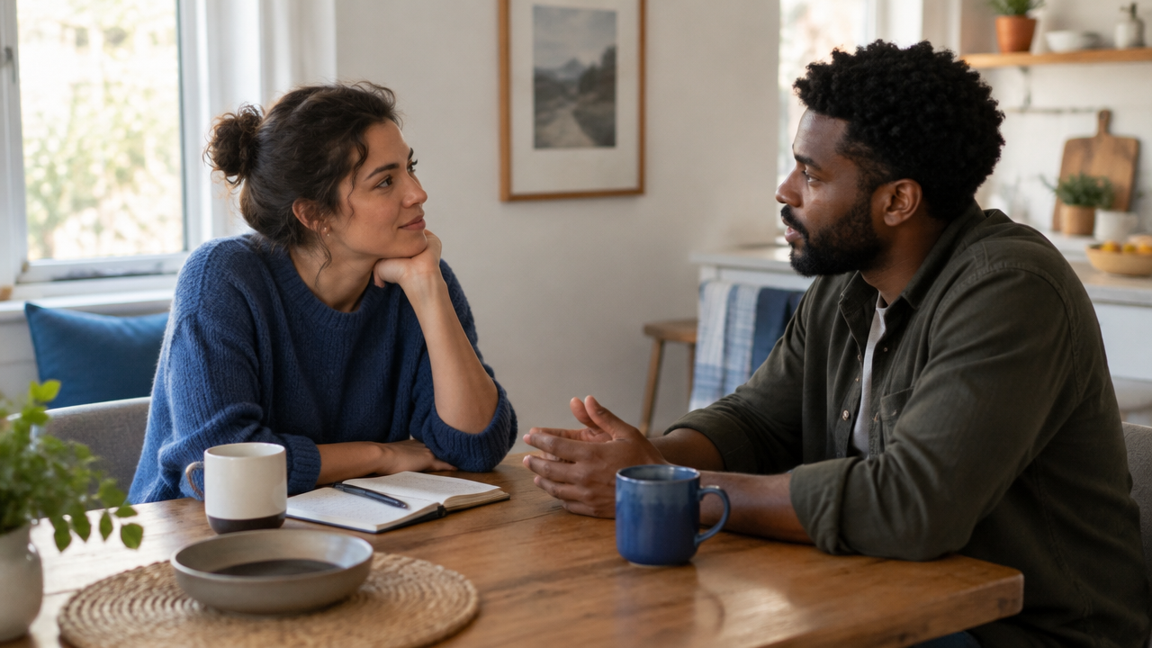 Partners using a quiet, regular conversation at a kitchen table to strengthen trust and emotional safety.