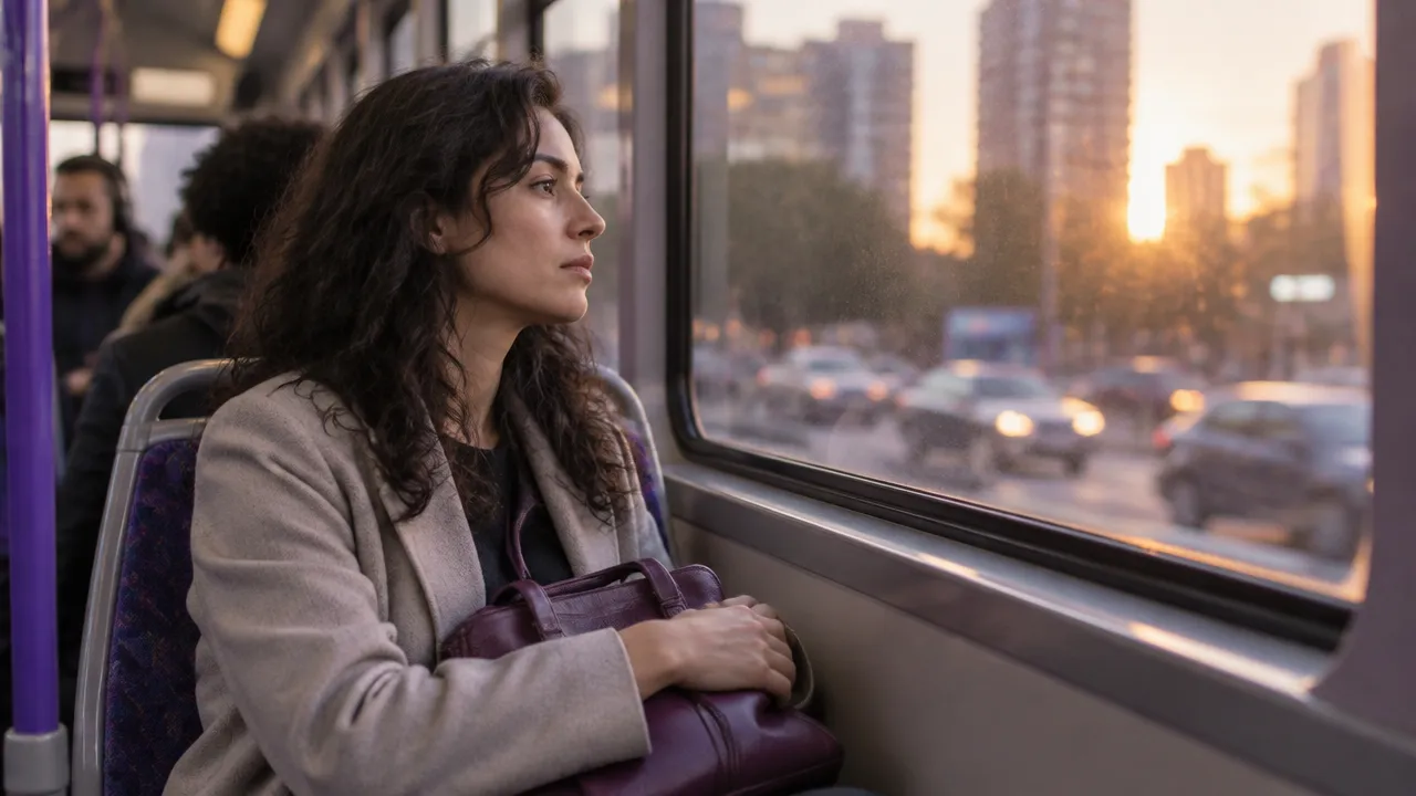 Passageira cansada observa a cidade pela janela do transporte público, um sinal silencioso de sobrecarga emocional.