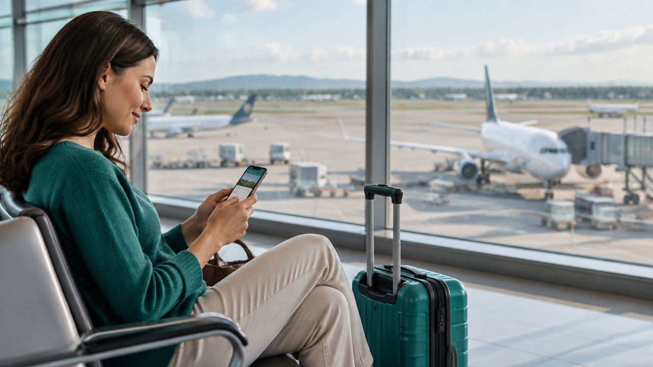 Passageira consulta a confirmação da viagem junto à janela do aeroporto