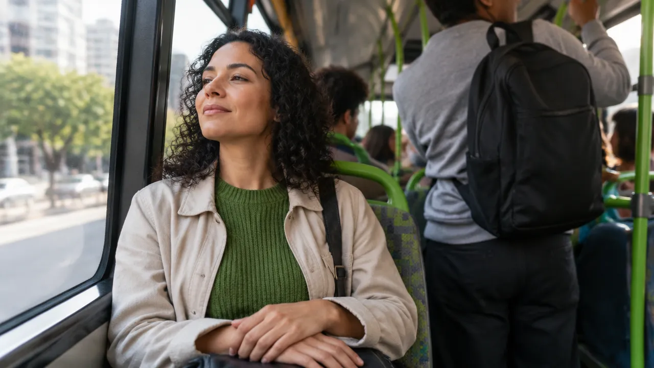 Passageira faz uma pausa consciente para regular a irritação durante um trajeto de ônibus