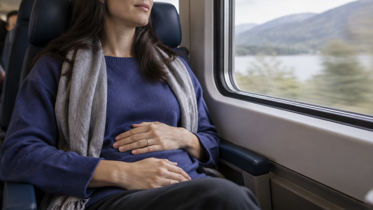 Passageira pratica respiração consciente sentada durante uma viagem de trem
