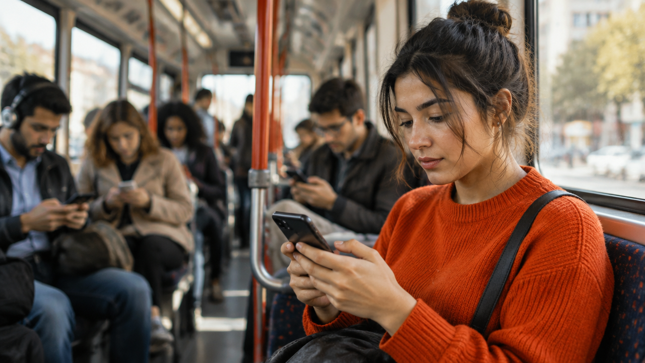 Passageiros em transporte público consultam celulares, ilustrando como padrões e tendências digitais se espalham entre as pessoas