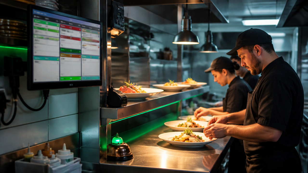 Passe de cozinha com monitor de pedidos e equipe sincronizada na finalização e expedição.