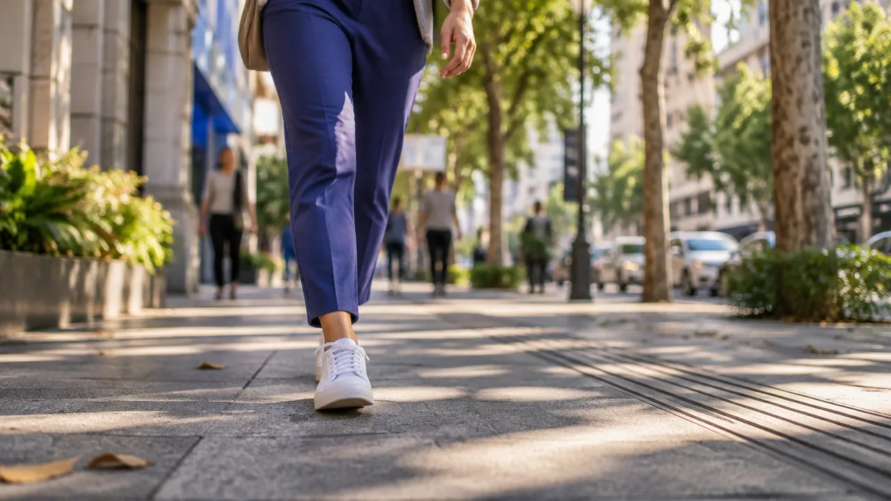 Passos atentos sobre a calçada enquanto a pessoa observa o ambiente urbano