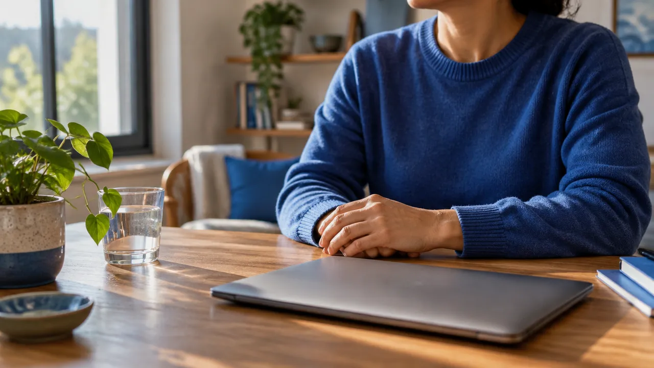Pausa breve entre tarefas digitais com mãos apoiadas na mesa, água e uma planta ao lado do laptop