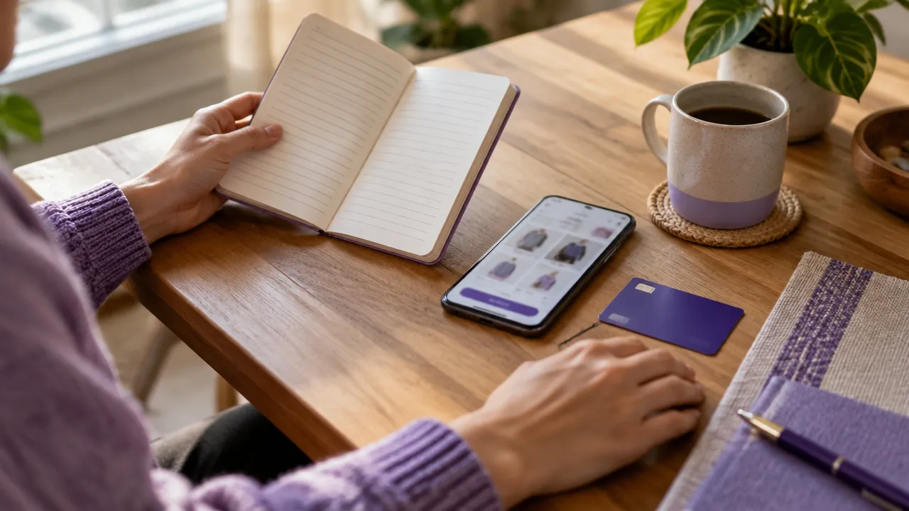 Pausa consciente antes de uma compra, com celular e caderno sobre a mesa