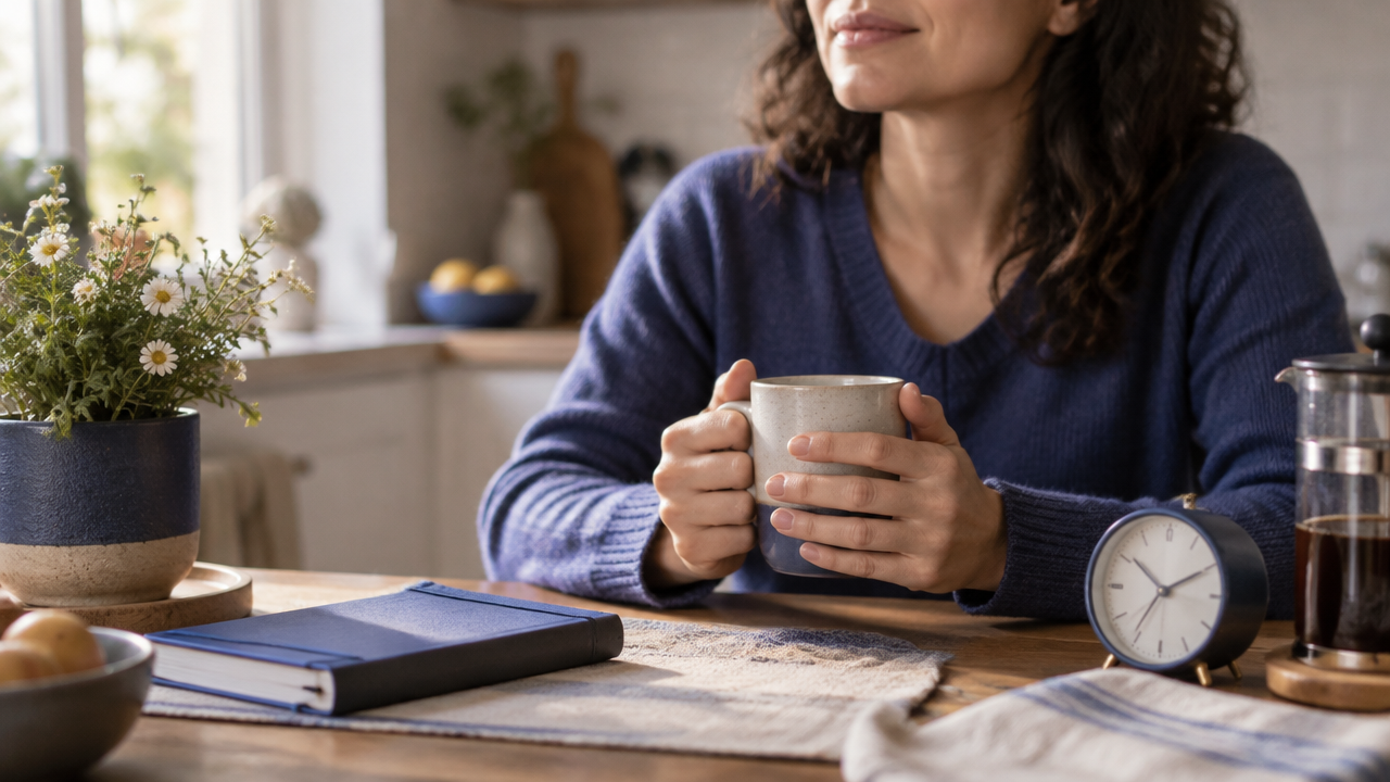 Pausa consciente de cinco minutos junto a una taza en la cocina